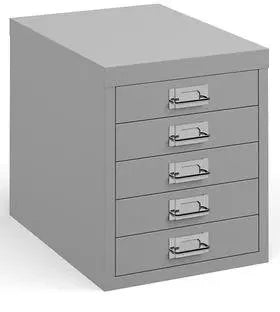 Gray metal filing cabinet with multiple drawers on a white background