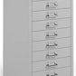 Grey metal filing cabinet with multiple drawers on a white background