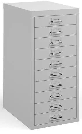 Grey metal filing cabinet with multiple drawers on a white background