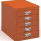 Orange metal filing cabinet with multiple drawers on a white background
