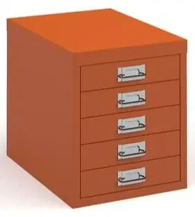 Orange metal filing cabinet with multiple drawers on a white background