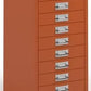 Orange metal file cabinet with multiple drawers on a white background