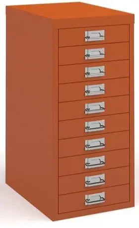 Orange metal file cabinet with multiple drawers on a white background