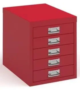Red metal file cabinet with multiple drawers on a white background