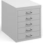 White metal filing cabinet with four drawers on a white background