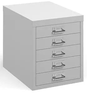 White metal filing cabinet with four drawers on a white background