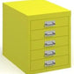 Yellow metal filing cabinet with multiple drawers on a white background
