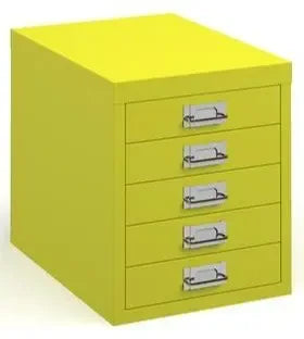 Yellow metal filing cabinet with multiple drawers on a white background