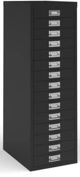 Black metal file cabinet with multiple drawers on a white background