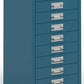 Blue metal storage cabinet with multiple drawers on a white background
