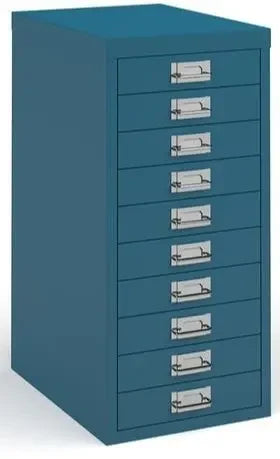 Blue metal storage cabinet with multiple drawers on a white background
