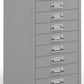 Grey metal filing cabinet with multiple drawers on a white background