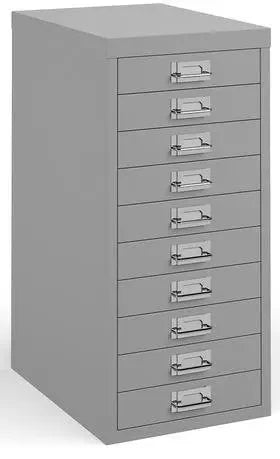 Grey metal filing cabinet with multiple drawers on a white background