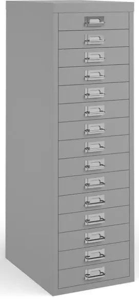 Grey metal filing cabinet with multiple drawers on a white background