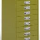Green metal filing cabinet with multiple drawers on a white background