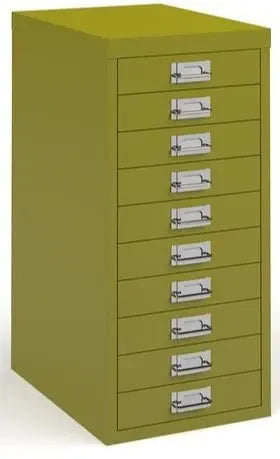 Green metal filing cabinet with multiple drawers on a white background