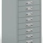 Gray metal filing cabinet with multiple drawers on a white background