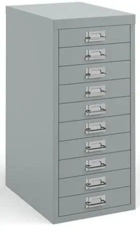 Gray metal filing cabinet with multiple drawers on a white background