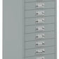 Grey metal filing cabinet with multiple drawers on a white background