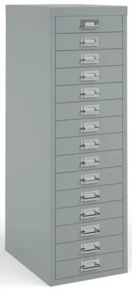 Grey metal filing cabinet with multiple drawers on a white background