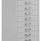 Tall grey metal filing cabinet with multiple drawers on a white background