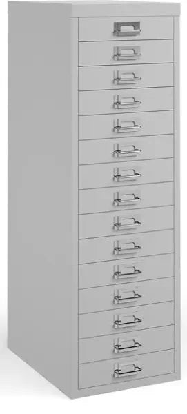 Tall grey metal filing cabinet with multiple drawers on a white background