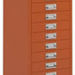 Orange filing cabinet with multiple drawers on a white background