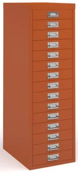 Orange filing cabinet with multiple drawers on a white background