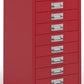 Red metal cabinet with multiple drawers on a white background