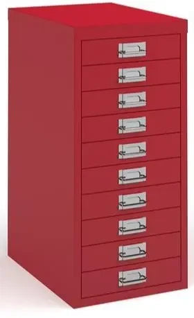 Red metal cabinet with multiple drawers on a white background