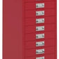 Red metal cabinet with multiple drawers on a white background