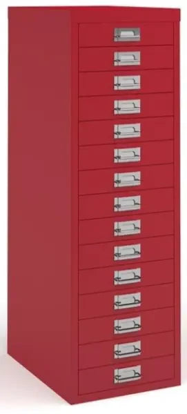 Red metal cabinet with multiple drawers on a white background