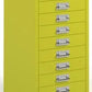 Yellow metal cabinet with multiple drawers on a white background