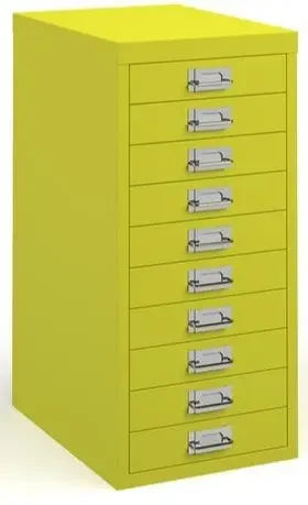 Yellow metal cabinet with multiple drawers on a white background