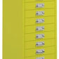 Yellow metal cabinet with multiple drawers on a white background