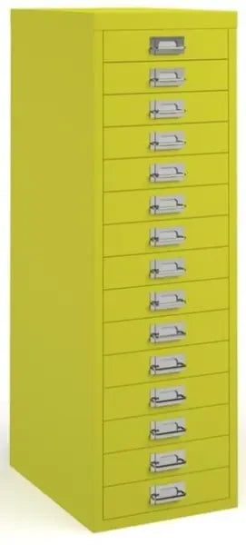 Yellow metal cabinet with multiple drawers on a white background
