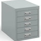 Grey metal file cabinet with multiple drawers on a white background