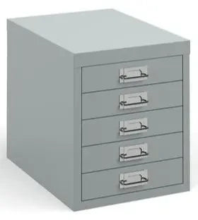 Grey metal file cabinet with multiple drawers on a white background