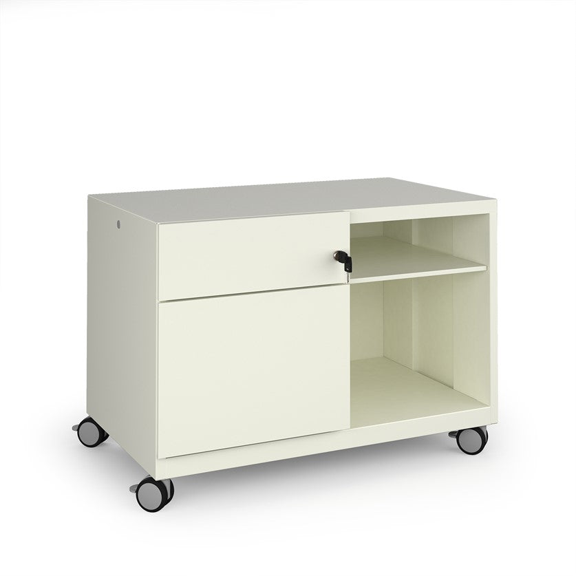 White storage unit with wheels on a white background