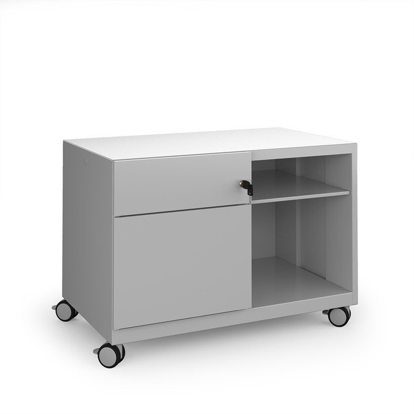 Grey storage unit with wheels on a white background