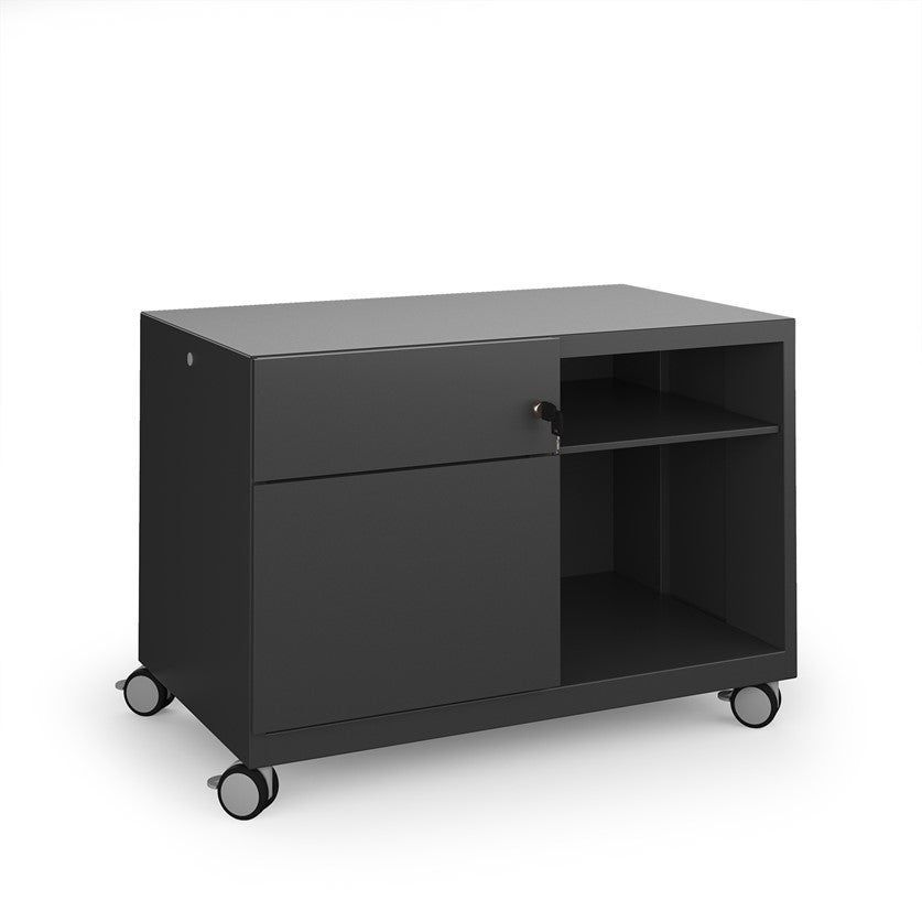 Black storage unit with wheels on a white background