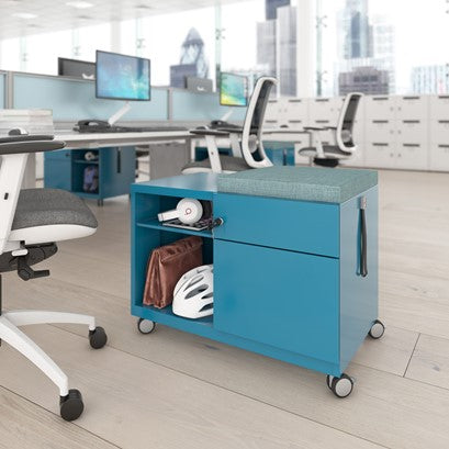 Blue storage cart with wheels in an office setting