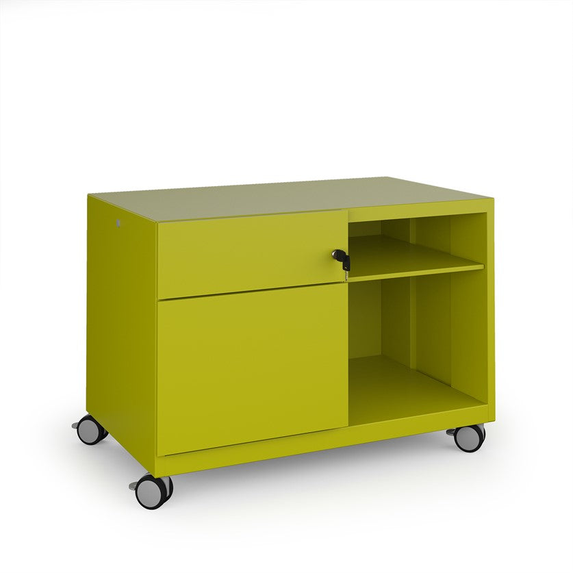 Green storage unit with wheels on a white background