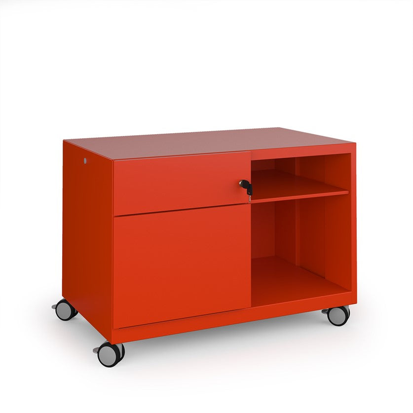 Red storage unit with a drawer and open shelf on wheels against a white background