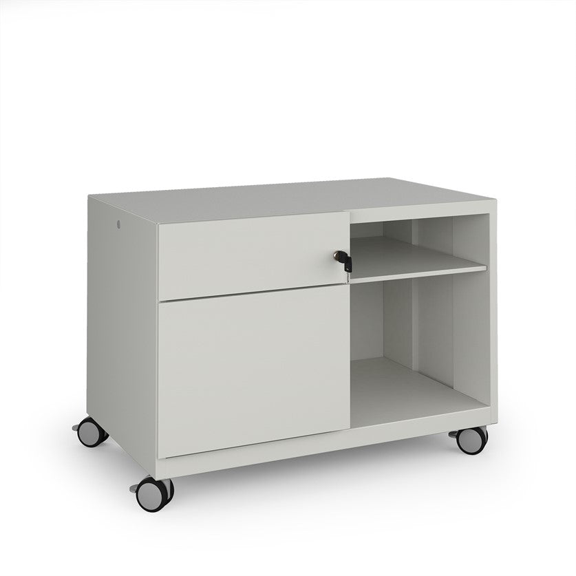 White storage unit with a drawer and shelves on wheels against a white background