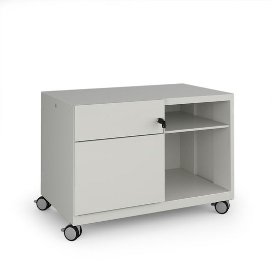 White storage unit with a drawer and shelves on wheels against a white background