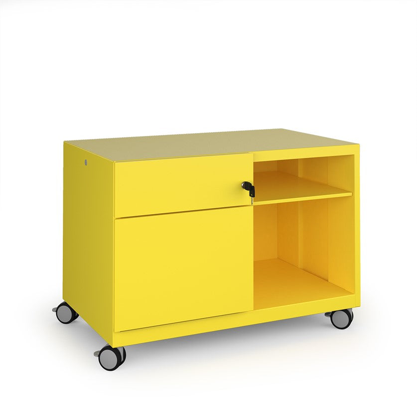 Yellow storage unit with wheels on a white background