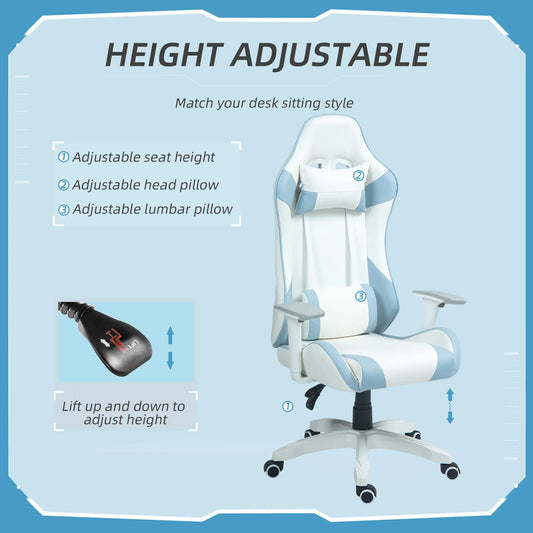 Faux Leather Colour Block Gaming Chair, with 135 deg. Reclining Back, Blue/White