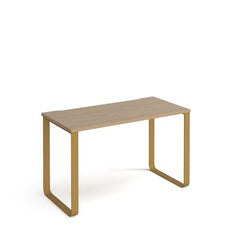 Minimalist desk with a light wood finish on a white background