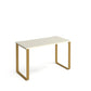 Minimalist desk with white top and gold legs on a white background